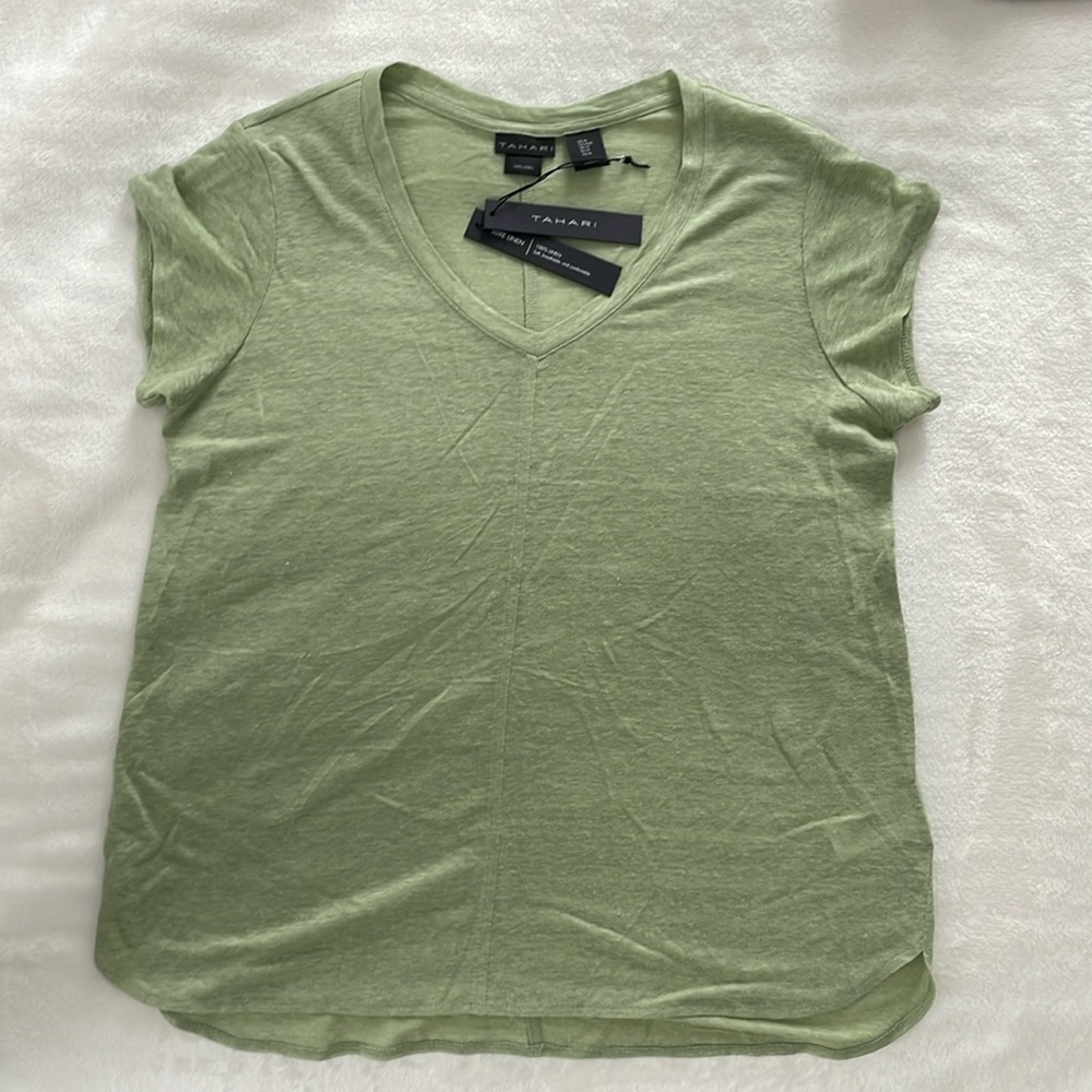 Tahari 100% linen capped sleeve celery green tee t-shirt womens top medium NWT